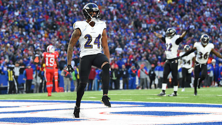 Dec 8, 2019; Orchard Park, NY, USA; Baltimore Ravens cornerback Marcus Peters (24) reacts to his