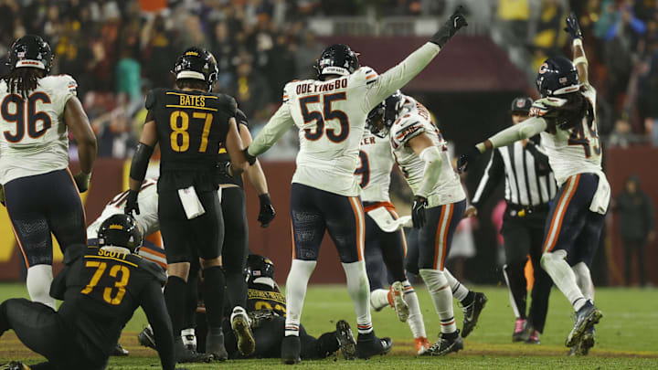 Dayo Odeyingbo signals Bears ball after Nashon Wright fell on a fumble by Jayden Daniels, setting up the winning Bears drive.