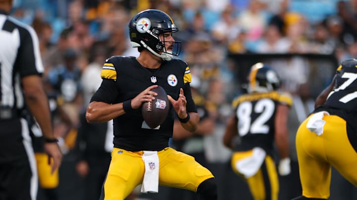  Aug 21, 2025; Charlotte, North Carolina, USA;  Pittsburgh Steelers quarterback Mason Rudolph (2) sets up to throw the ball down field during the 1st quarter against the Carolina Panthers at Bank of America Stadium. Mandatory Credit: Allison Lawhon-Imagn Images