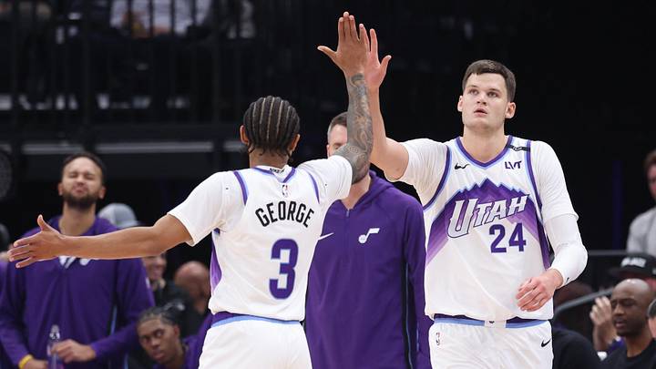 Oct 29, 2025; Salt Lake City, Utah, USA; Utah Jazz guard Keyonte George (3) and center Walker Kessler (24) react to a play against the Portland Trail Blazers during the first quarter at Delta Center. Mandatory Credit: Rob Gray-Imagn Images Oct 29, 2025; Salt Lake City, Utah, USA; Utah Jazz guard Keyonte George (3) and center Walker Kessler (24) react to a play against the Portland Trail Blazers during the first quarter at Delta Center. Mandatory Credit: Rob Gray-Imagn Images