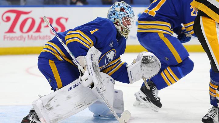 Buffalo Sabres goaltender Ukko-Pekka Luukkonen (1) looks for the puck during the first period against the Pittsburgh Penguins at KeyBank Center. Mandatory Credit: Timothy T. Ludwig-Imagn Images Buffalo Sabres goaltender Ukko-Pekka Luukkonen (1) looks for the puck during the first period against the Pittsburgh Penguins at KeyBank Center. Mandatory Credit: Timothy T. Ludwig-Imagn Images