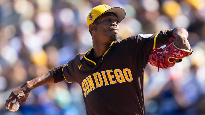 Feb 22, 2026: San Diego Padres pitcher Triston McKenzie against the Los Angeles Dodgers during a spring training game at Peoria Sports Complex. Mandatory Credit: Mark J. Rebilas-Imagn Images
