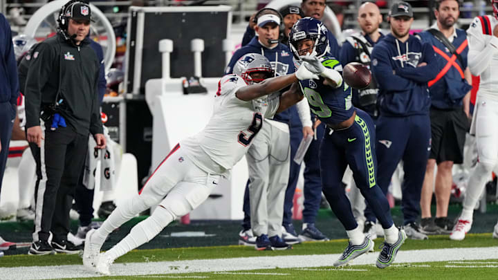 Feb 8, 2026; Santa Clara, CA, USA; Seattle Seahawks cornerback Josh Jobe (29) blocks a pass intended for New England Patriots wide receiver Kayshon Boutte (9) during the third quarter in Super Bowl LX at Levi's Stadium. Mandatory Credit: Cary Edmondson-Imagn Images