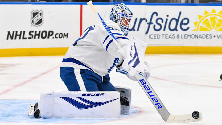 Mar 28, 2026; St. Louis, Missouri, USA; Toronto Maple Leafs goaltender Joseph Woll (60) defends the net against the St. Louis Blues during the second period at Enterprise Center. Mandatory Credit: Jeff Curry-Imagn Images