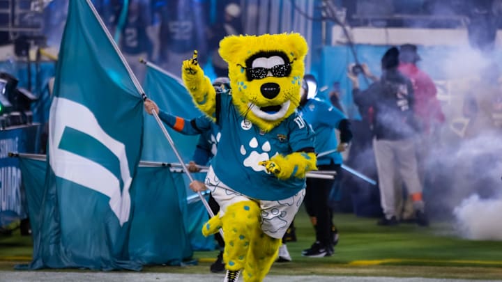 Jan 14, 2023; Jacksonville, Florida, USA; Jacksonville Jaguars mascot Jaxson de Ville against the