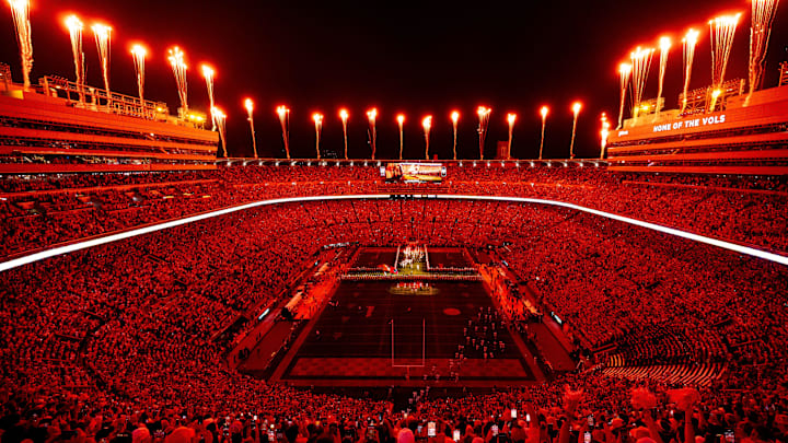 Fireworks go off over Neyland Stadium as Tennessee runs through the T before a college football game against Mississippi State in Knoxville, Tenn., on Saturday, Nov. 9, 2024.