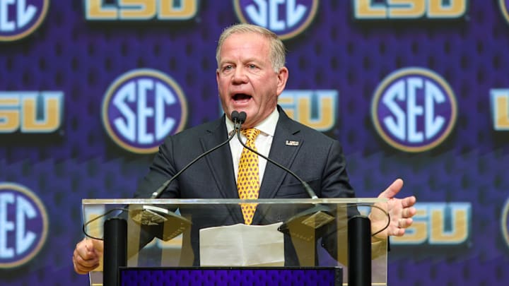 Jul 16, 2025; Atlanta, GA, USA; LSU Tigers head coach Brian Kelly talks to the media during SEC Media Day at Omni Atlanta Hotel. Mandatory Credit: Jordan Godfree-Imagn Images