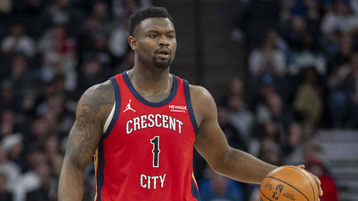 Mar 19, 2025; Minneapolis, Minnesota, USA; New Orleans Pelicans forward Zion Williamson (1) dribbles the ball against the Minnesota Timberwolves in the second half at Target Center. Mandatory Credit: Jesse Johnson-Imagn Images