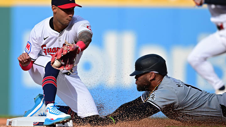Chicago White Sox third base Yoan Moncada (10) steals second base during the first inning against the Cleveland Guardians at Progressive Field in 2024.