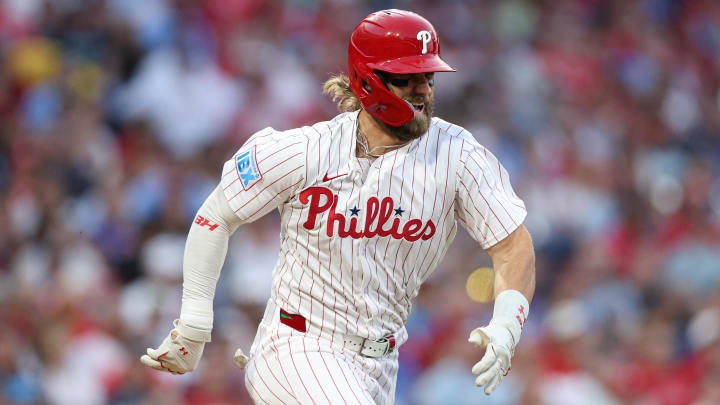 Aug 14, 2024; Philadelphia, Pennsylvania, USA; Philadelphia Phillies first base Bryce Harper (3) runs the bases after a single against the Miami Marlins at Citizens Bank Park.
