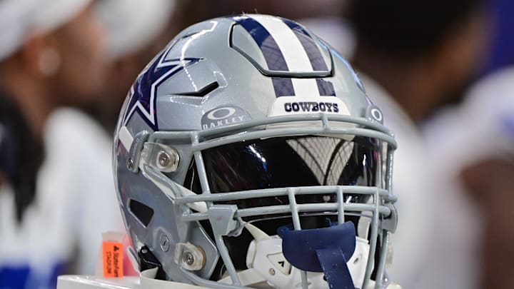 Sep 24, 2023; Glendale, Arizona, USA;  Detail view of a Dallas Cowboys helmet in the second half against the Arizona Cardinals at State Farm Stadium. Mandatory Credit: Matt Kartozian-Imagn Images