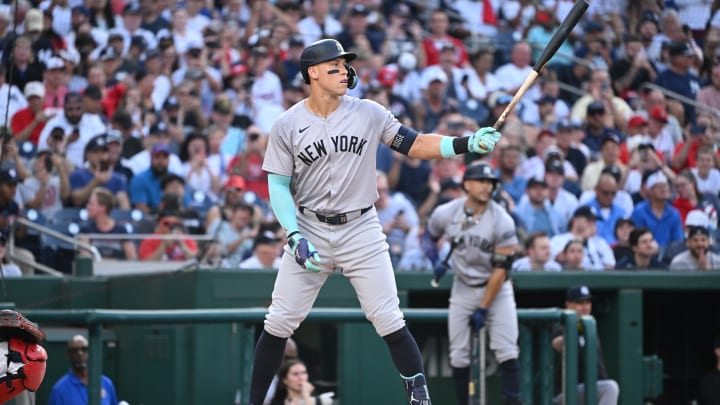 Aug 26, 2024; Washington, District of Columbia, USA; New York Yankees center fielder Aaron Judge (99) prepares to bat against the Washington Nationals during the first inning at Nationals Park. Mandatory Credit: Rafael Suanes-USA TODAY Sports Aug 26, 2024; Washington, District of Columbia, USA; New York Yankees center fielder Aaron Judge (99) prepares to bat against the Washington Nationals during the first inning at Nationals Park. Mandatory Credit: Rafael Suanes-USA TODAY Sports