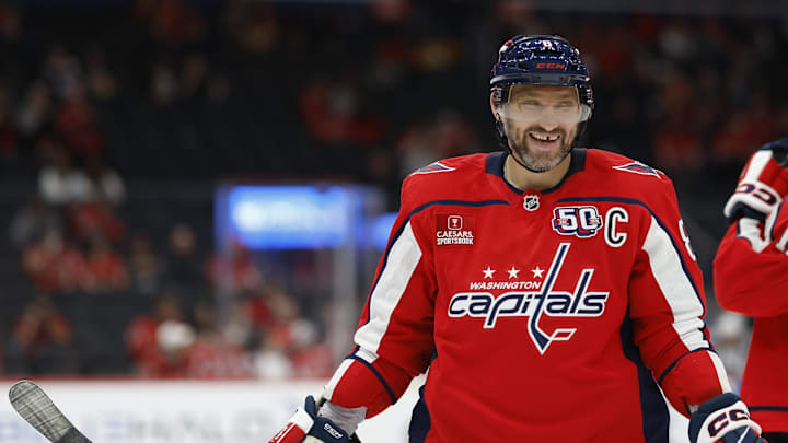 Sep 27, 2024; Washington, District of Columbia, USA; Washington Capitals left wing Alex Ovechkin (8) smiles during a stoppage in play against the Columbus Blue Jackets in the second period at Capital One Arena. Mandatory Credit: Geoff Burke-Imagn Images