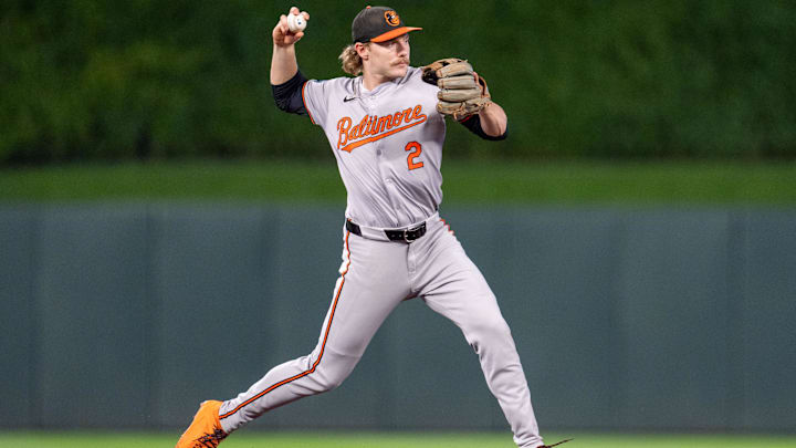 Baltimore Orioles shortstop Gunnar Henderson throws out Minnesota Twins shortstop Carlos Correa in the sixth inning.