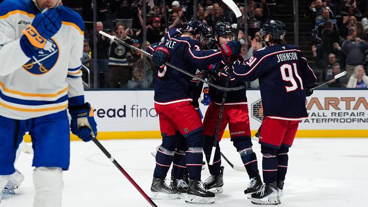 Oct 1, 2026; Columbus, Ohio, USA;  Columbus Blue Jackets left wing Matthew Knies (89) celebrates with teammates after scoring a goal against the Buffalo Sabres in the first period at Nationwide Arena. Mandatory Credit: Aaron Doster-Imagn Images