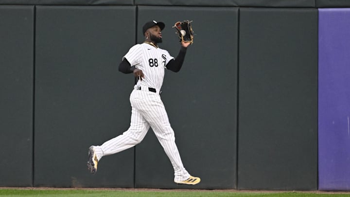 Sep 13, 2024; Chicago, Illinois, USA;  Chicago White Sox outfielder Luis Robert Jr. (88) catches a fly ball hit by Oakland Athletics outfielder Brent Rooker (not pictured) during the first inning at Guaranteed Rate Field. Mandatory Credit: Matt Marton-Imagn Images