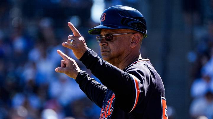 Detroit Tigers third base coach Joey Cora signals players before a play against New York Yankees during the third inning at George M. Steinbrenner Field in Tampa, Fla. on Saturday, Feb. 21, 2026. Detroit Tigers third base coach Joey Cora signals players before a play against New York Yankees during the third inning at George M. Steinbrenner Field in Tampa, Fla. on Saturday, Feb. 21, 2026.