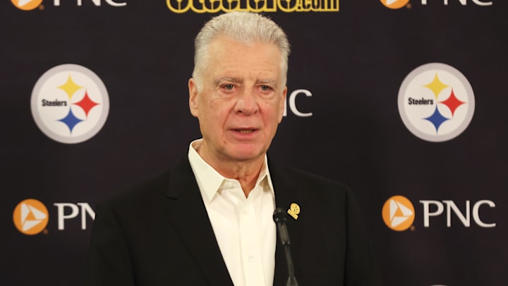 Jan 14, 2026; Pittsburgh, PA, USA;  Pittsburgh Steelers president Art Rooney II speaks at a press conference at Acrisure Stadium. Mandatory Credit: Charles LeClaire-Imagn Images