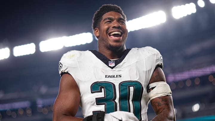 Philadelphia Eagles linebacker Jihaad Campbell (30) reacts