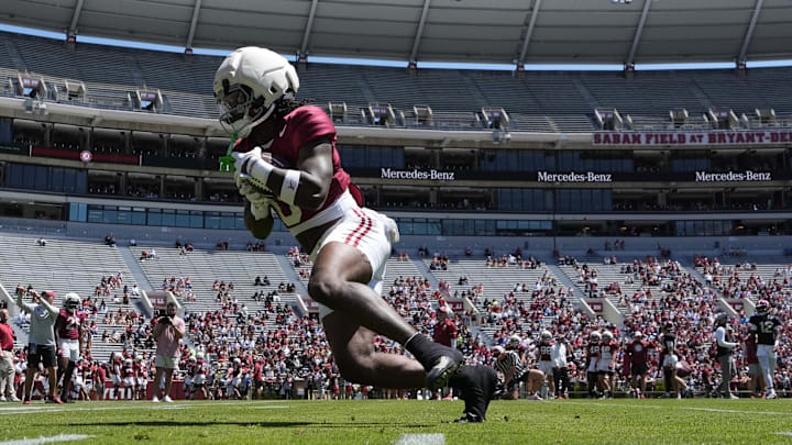 Apr 12, 2025; Tuscaloosa, AL, USA;  Alabama wide receiver Jalen Hale (8) catches a pass during A-Day at Bryant-Denny Stadium. Mandatory Credit: Gary Cosby Jr.-Imagn Images