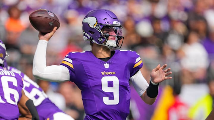 Aug 10, 2024; Minneapolis, Minnesota, USA; Minnesota Vikings quarterback J.J. McCarthy (9) passes against the Las Vegas Raiders in the second quarter at U.S. Bank Stadium.