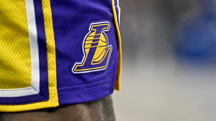Dec 12, 2023; Dallas, Texas, USA; A of the logo of the Los Angeles Lakers on the shorts of forward LeBron James (23)  during the game between the Dallas Mavericks and the Los Angeles Lakers at the American Airlines Center. Mandatory Credit: Jerome Miron-USA TODAY Sports