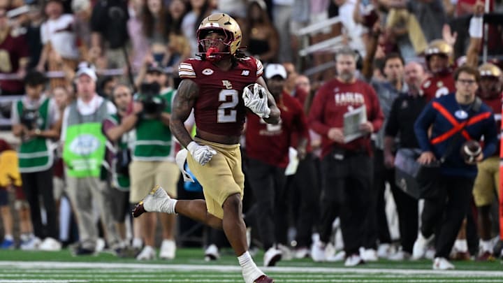 Sep 27, 2025; Chestnut Hill, Massachusetts, USA; Boston College Eagles running back Turbo Richard (2) runs the ball for a touchdown against the California Golden Bears during the second half at Alumni Stadium. Mandatory Credit: Eric Canha-Imagn Images