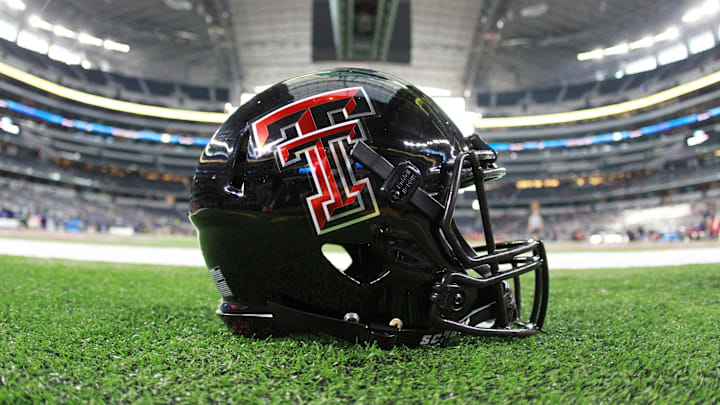 Nov 25, 2016; Arlington, TX, USA;  A Texas Tech Red Raiders helmet sits on the field at AT&T Stadium before the game between the Red Raiders and the Baylor Bears. Mandatory Credit: Michael C. Johnson-Imagn Images