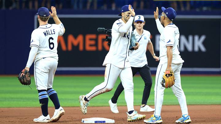 Oct 5, 2026; St. Petersburg, Florida, USA; Tampa Bay Rays outfielder Victor Mesa Jr. (25) and Tampa Bay Rays second baseman Richie Palacios (1) celebrate the win against the New York Yankees in game two of the ALDS for the 2026 MLB Playoffs at Tropicana Field. Mandatory Credit: Kim Klement Neitzel-Imagn Images Oct 5, 2026; St. Petersburg, Florida, USA; Tampa Bay Rays outfielder Victor Mesa Jr. (25) and Tampa Bay Rays second baseman Richie Palacios (1) celebrate the win against the New York Yankees in game two of the ALDS for the 2026 MLB Playoffs at Tropicana Field. Mandatory Credit: Kim Klement Neitzel-Imagn Images