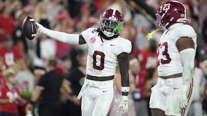 Sep 27, 2025; Athens, Georgia, USA;  Alabama Crimson Tide linebacker Deontae Lawson (0)  reacts after a fumble recovery against the Georgia Bulldogs in the first half at Sanford Stadium.