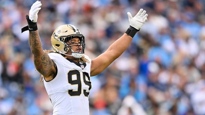 Dec 28, 2025; Nashville, Tennessee, USA; New Orleans Saints defensive end Chase Young (99) celebrates a tackle for loss against the Tennessee Titans during the second half at Nissan Stadium. Mandatory Credit: Steve Roberts-Imagn Images Dec 28, 2025; Nashville, Tennessee, USA; New Orleans Saints defensive end Chase Young (99) celebrates a tackle for loss against the Tennessee Titans during the second half at Nissan Stadium. Mandatory Credit: Steve Roberts-Imagn Images