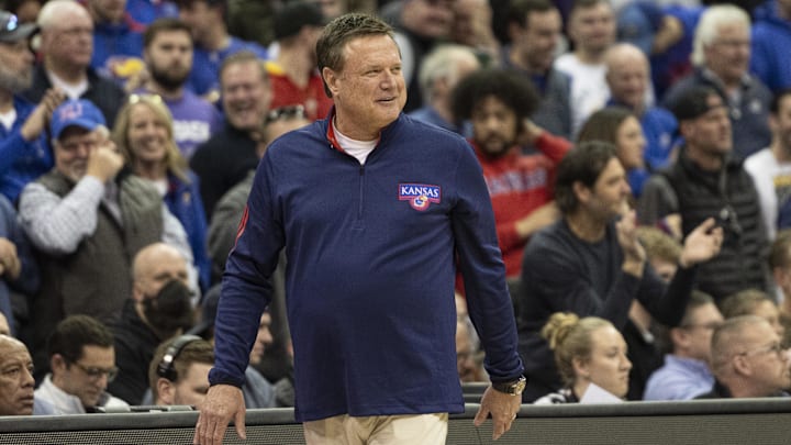 Mar 12, 2022; Kansas City, MO, USA; Kansas Jayhawks head coach Bill Self smiles in the second half against the Texas Tech Red Raiders at T-Mobile Center. Mandatory Credit: Amy Kontras-Imagn Images