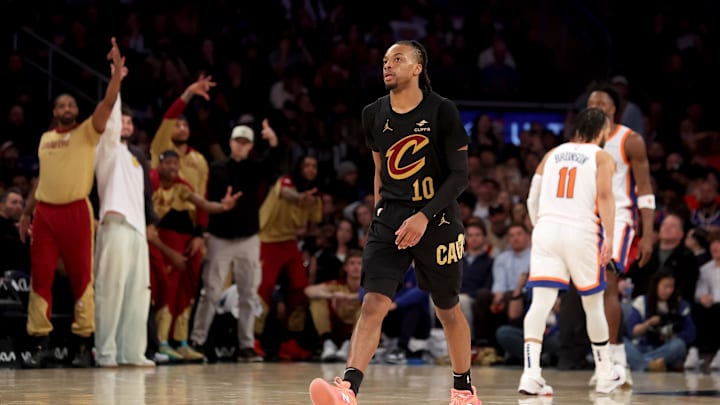 Apr 11, 2025; New York, New York, USA; Cleveland Cavaliers guard Darius Garland (10) and the Cavalier bench react after his three point shot against the New York Knicks during the fourth quarter at Madison Square Garden. Mandatory Credit: Brad Penner-Imagn Images Apr 11, 2025; New York, New York, USA; Cleveland Cavaliers guard Darius Garland (10) and the Cavalier bench react after his three point shot against the New York Knicks during the fourth quarter at Madison Square Garden. Mandatory Credit: Brad Penner-Imagn Images