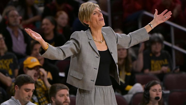 Jan 29, 2026; Los Angeles, California, USA; Iowa Hawkeyes head coach Jan Jensen reacts to a foul call in the first half against the USC Trojans at Galen Center. Mandatory Credit: Jayne Kamin-Oncea-Imagn Images Jan 29, 2026; Los Angeles, California, USA; Iowa Hawkeyes head coach Jan Jensen reacts to a foul call in the first half against the USC Trojans at Galen Center. Mandatory Credit: Jayne Kamin-Oncea-Imagn Images