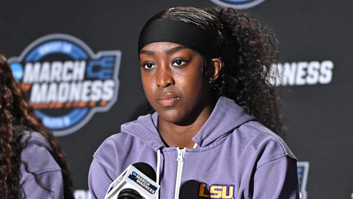 Mar 27, 2025; Spokane, WA, USA; LSU Lady Tigers guard Flau'Jae Johnson talks with media during an NCAA Tournament practice session at Spokane Arena. Mandatory Credit: James Snook-Imagn Images Mar 27, 2025; Spokane, WA, USA; LSU Lady Tigers guard Flau'Jae Johnson talks with media during an NCAA Tournament practice session at Spokane Arena. Mandatory Credit: James Snook-Imagn Images