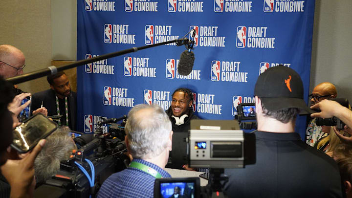 May 14, 2024; Chicago, IL, USA; Bronny James talks to the media during the 2024 NBA Draft Combine at