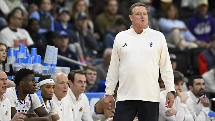 Mar 20, 2025; Providence, RI, USA;  Kansas Jayhawks head coach Bill Self looks on during the first half against the Arkansas Razorbacks at Amica Mutual Pavilion. Mandatory Credit: Eric Canha-Imagn Images