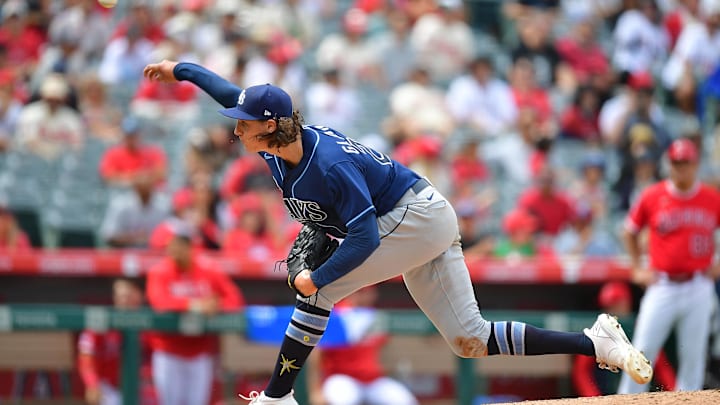 Aug 19, 2023; Anaheim, California, USA; Tampa Bay Rays starting pitcher Tyler Glasnow (20) throws