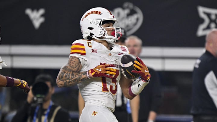 Dec 7, 2024; Arlington, TX, USA; Iowa State Cyclones wide receiver Jaylin Noel (13) in action during the game between the Iowa State Cyclones and the Arizona State Sun Devils at AT&T Stadium. Mandatory Credit: Jerome Miron-Imagn Images Dec 7, 2024; Arlington, TX, USA; Iowa State Cyclones wide receiver Jaylin Noel (13) in action during the game between the Iowa State Cyclones and the Arizona State Sun Devils at AT&T Stadium. Mandatory Credit: Jerome Miron-Imagn Images