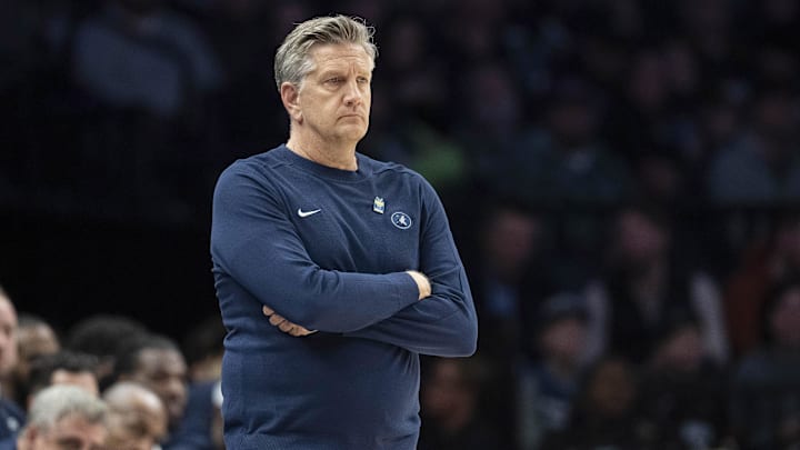 Jan 22, 2026; Minneapolis, Minnesota, USA; Minnesota Timberwolves head coach Chris Finch looks on against the Chicago Bulls in the second half at Target Center.