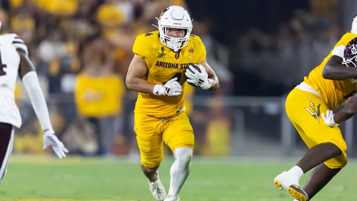 Arizona State running back Cam Skattebo (4) is hoping to lead the Sun Devils to their sixth win of the season on Saturday.