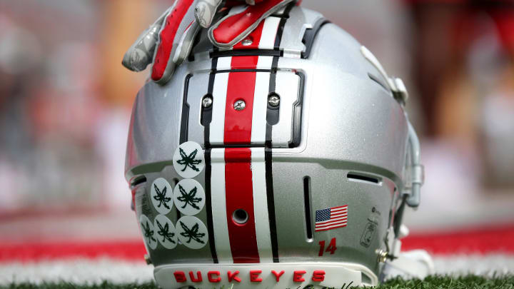 Sep 7, 2019; Columbus, OH, USA; Ohio State Buckeyes helmet before the game against the Cincinnati Bearcats at Ohio Stadium. Mandatory Credit: Joe Maiorana-USA TODAY Sports