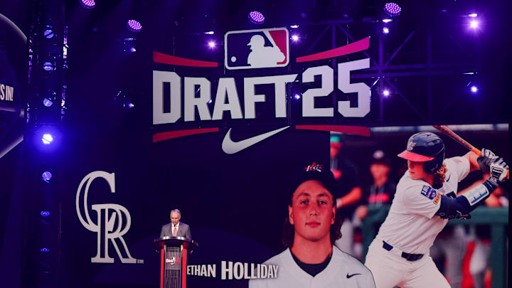 Jul 13, 2025; Atlanta, GA, USA; Ethan Holliday is drafted by the Colorado Rockies with the fourth pick during the first round of the MLB Draft at The Coca-Cola Roxy. 