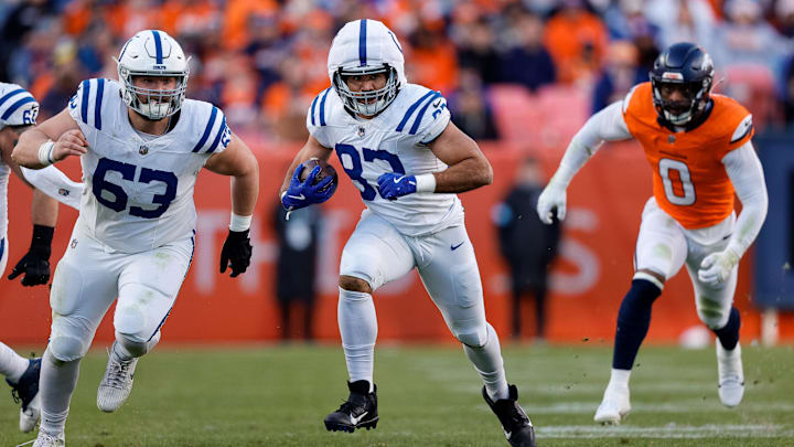 Dec 15, 2024; Denver, Colorado, USA; Indianapolis Colts tight end Kylen Granson (83) runs the ball as center Danny Pinter (63) defends as Denver Broncos linebacker Jonathon Cooper (0) chases in the second quarter at Empower Field at Mile High. Mandatory Credit: Isaiah J. Downing-Imagn Images Dec 15, 2024; Denver, Colorado, USA; Indianapolis Colts tight end Kylen Granson (83) runs the ball as center Danny Pinter (63) defends as Denver Broncos linebacker Jonathon Cooper (0) chases in the second quarter at Empower Field at Mile High. Mandatory Credit: Isaiah J. Downing-Imagn Images