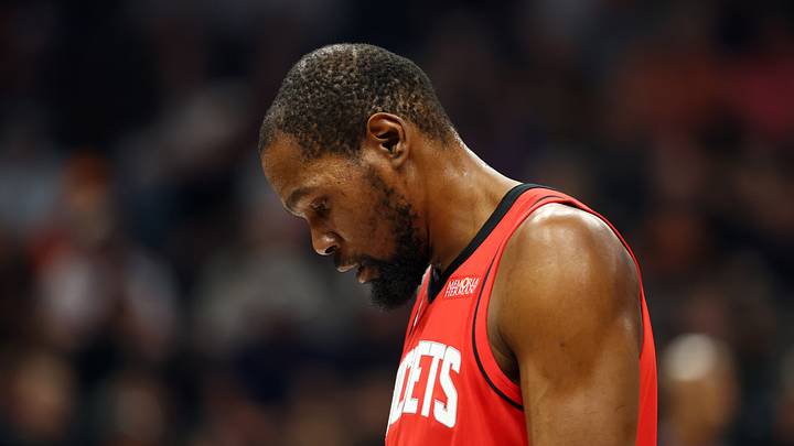 Phoenix, Arizona, USA; Houston Rockets forward Kevin Durant (7) reacts against the Phoenix Suns at Mortgage Matchup Center. Mandatory Credit: Mark J. Rebilas-Imagn Images