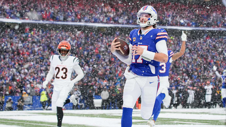 Dec 7, 2025; Orchard Park, New York, USA; Buffalo Bills quarterback Josh Allen (17) runs the ball for a touchdown in the fourth quarter against the Cincinnati Bengals at Highmark Stadium. Mandatory Credit: Gregory Fisher-Imagn Images Dec 7, 2025; Orchard Park, New York, USA; Buffalo Bills quarterback Josh Allen (17) runs the ball for a touchdown in the fourth quarter against the Cincinnati Bengals at Highmark Stadium. Mandatory Credit: Gregory Fisher-Imagn Images