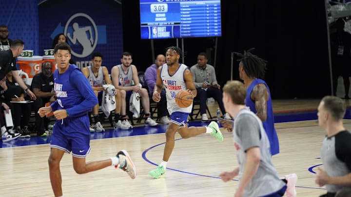May 14, 2024; Chicago, IL, USA; Bronny James (50) participates during the 2024 NBA Draft Combine  at Wintrust Arena. Mandatory Credit: David Banks-USA TODAY Sports