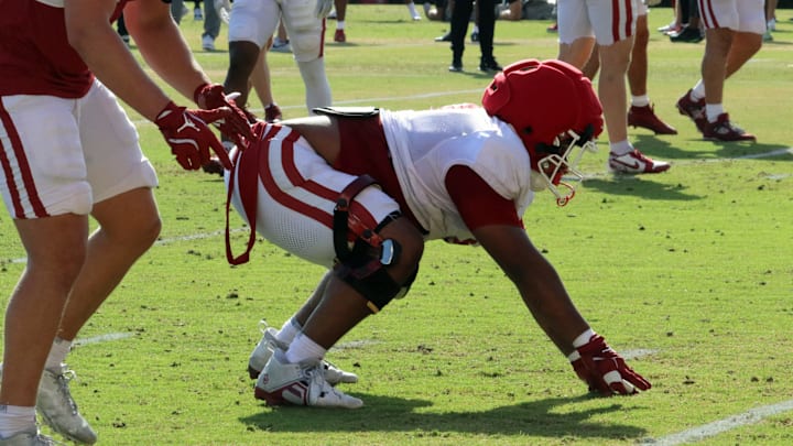 Oklahoma defensive tackle Bishop Thomas lines up at one of the Sooners' spring practices.
