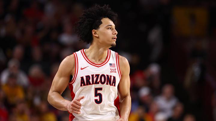 Jan 31, 2026; Tempe, Arizona, USA; Arizona Wildcats guard Brayden Burries (5) against the Arizona State Sun Devils at Desert Financial Arena.
