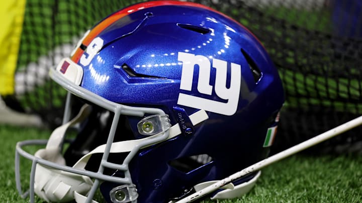  A detail view of a New York Giants helmet  